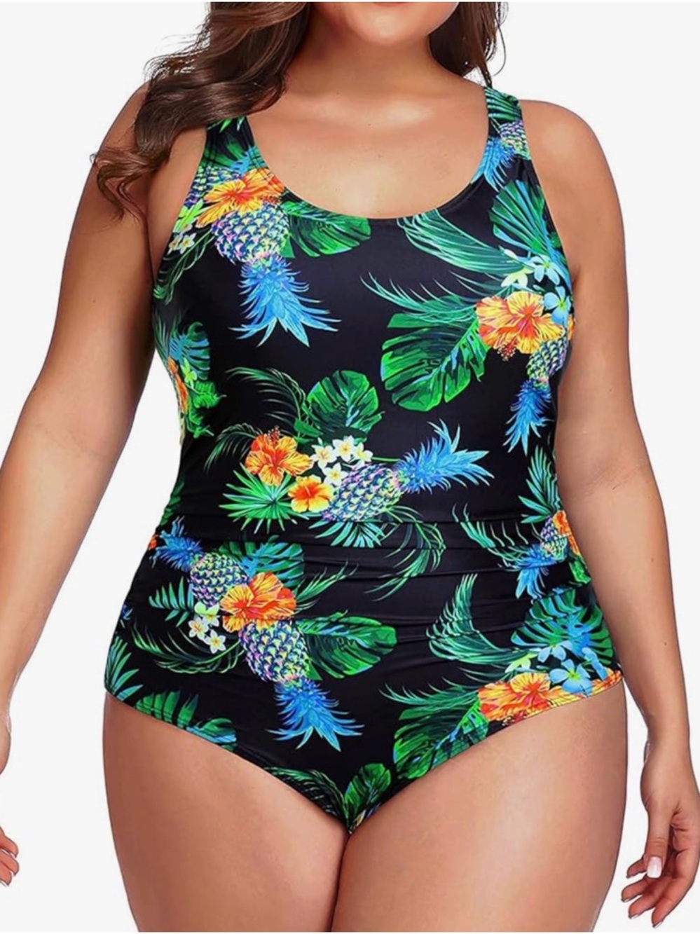 Daci One Piece Swimsuit Athletic Tummy Control U-Back Black Tropical 28W NWT